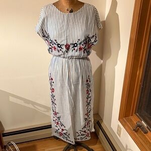 Zara Blue and White Striped Maxi Dress with Red Floral Accents